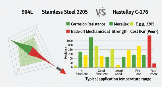 Comparison of properties of 904L, duplex stainless steel (such as 2205), and Hastelloy C-276