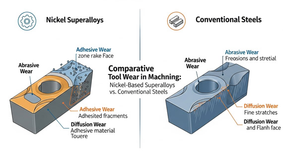 Tool wear patterns and mechanisms when machining nickel-based superalloys and conventional steels