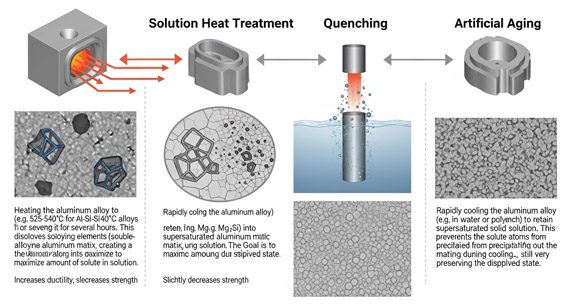 Different stages of the T6 heat treatment process for cast aluminum