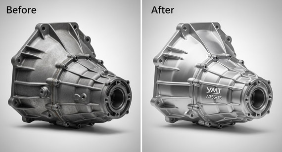 Precision CNC machined cast aluminum A356-T6 transmission housing before and after comparison