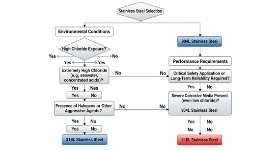 Flowchart for selecting between 316L and 904L stainless steel