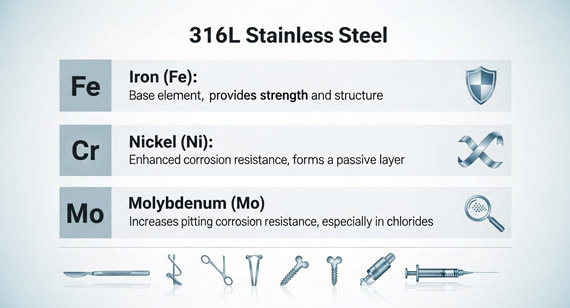 The various alloying elements (e.g., Fe, Cr, Ni, Mo) in 316L stainless steel and their respective functions (corrosion resistance, ductility, strength)