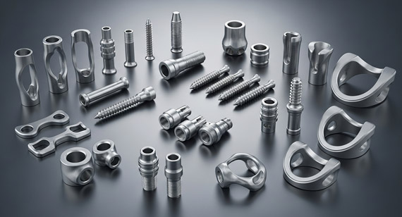 Medical-grade titanium CNC-machined parts, including various bone plates, screws, dental implants, and joint components