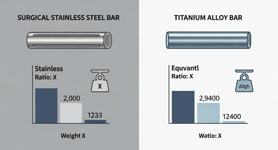 Comparison of the strength-to-weight ratio of surgical stainless steel rods and equivalent titanium alloy rods