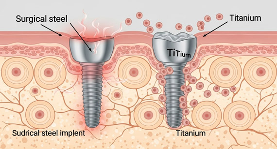 Stylized cross-sections of bone tissue from surgical steel and titanium implants