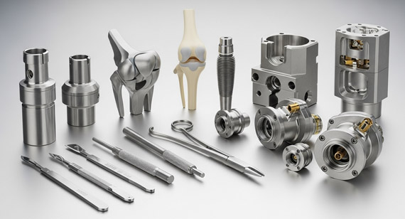 High-precision surgical steel and titanium CNC-machined medical and aerospace parts, surgical tools, robust implants, and sophisticated sensor housings