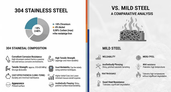 Key material properties of 304 stainless steel vs. ordinary mild steel (e.g., corrosion resistance, tensile strength, weldability, cost-effectiveness) Key material properties of 304 stainless steel vs. ordinary mild steel (e.g., corrosion resistance, tensile strength, weldability, cost-effectiveness)