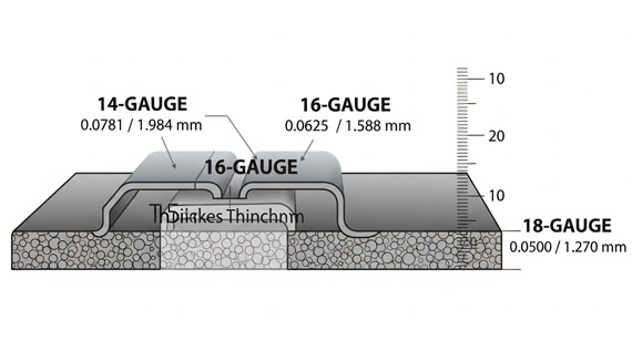 Exact thickness of 16-gauge steel (0.0625 inches, 1.588 mm) compared side-by-side with 18-gauge (0.0500 inches, 1.270 mm) and 14-gauge (0.0781 inches, 1.984 mm) cross sections Exact thickness of 16-gauge steel (0.0625 inches, 1.588 mm) compared side-by-side with 18-gauge (0.0500 inches, 1.270 mm) and 14-gauge (0.0781 inches, 1.984 mm) cross sections