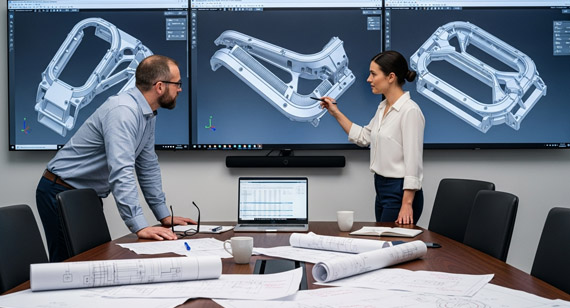 Engineering Meeting to Discuss Manufacturability and Technical Support Design of a 3D CAD Model of an Aluminum Lighting Part