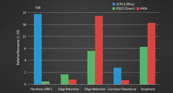 Comparison of 3CR13, 420J2, and 440A knife steels in terms of key performance indicators such as hardness (HRC), edge retention, corrosion resistance, and toughness