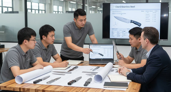 China VMT CNC Engineers Team CNC Machined Knife Parts Discusses Technical Drawings