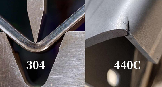 metal bending test comparing 304 and 440C stainless steel
