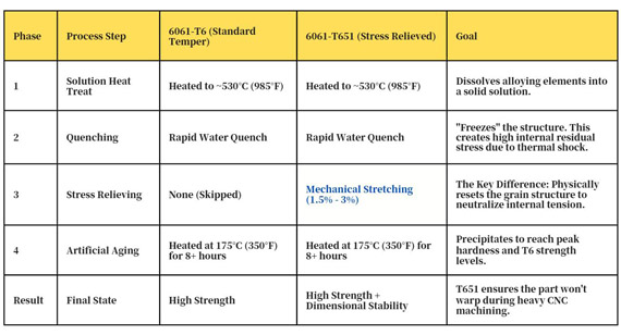 Process flow of stress relieving 6061 T6 to T651