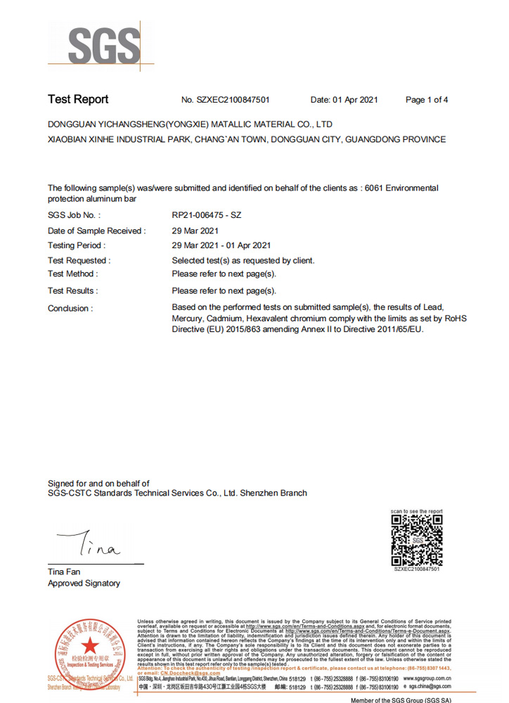 Aluminum 6061 SGS Material Test Report