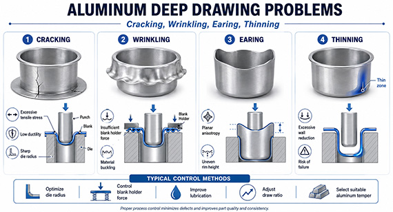 Aluminum Deep Drawing Problems (Cracking, Wrinkling, Earing, Thinning) Aluminum Deep Drawing Problems (Cracking, Wrinkling, Earing, Thinning)