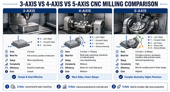 3-axis vs 4-axis vs 5-axis CNC milling comparison