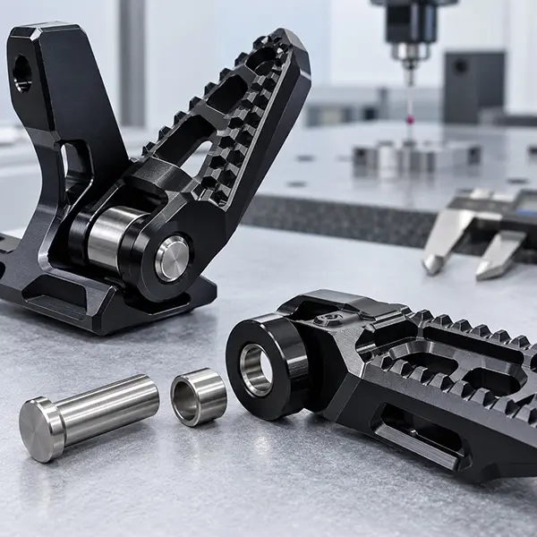 Folding motorcycle foot peg pivot fit and anodizing control